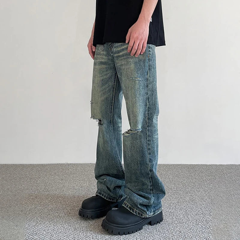 Summer Male Hole Jeans New American High Street Denim Pants Trendy Straight Micro Flared Trousers Make Old Design 9W1424