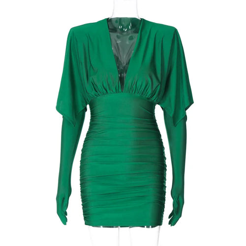 Load image into Gallery viewer, Deep V Neck Long Sleeve Mini Dress Women Autumn Winter New Ruched Evening Dress Female Fashion Sexy Dress Elegant
