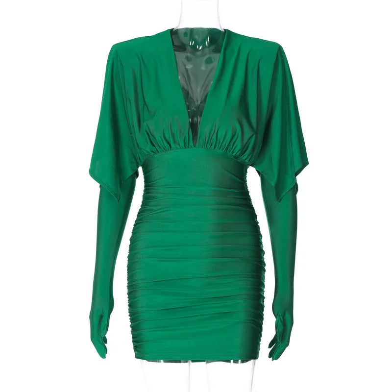 Deep V Neck Long Sleeve Mini Dress Women Autumn Winter New Ruched Evening Dress Female Fashion Sexy Dress Elegant