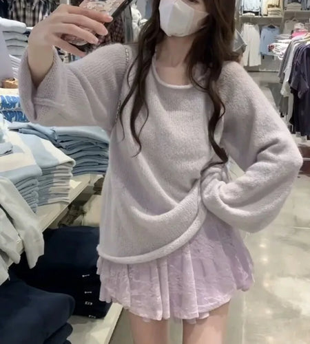 2025 Autumn Y2k Aesthetic Two Pieces Set Sweet Solid Knitted Hollow Out Pullover + Fairy Lace Halter Mini Streetwear Vest Dress