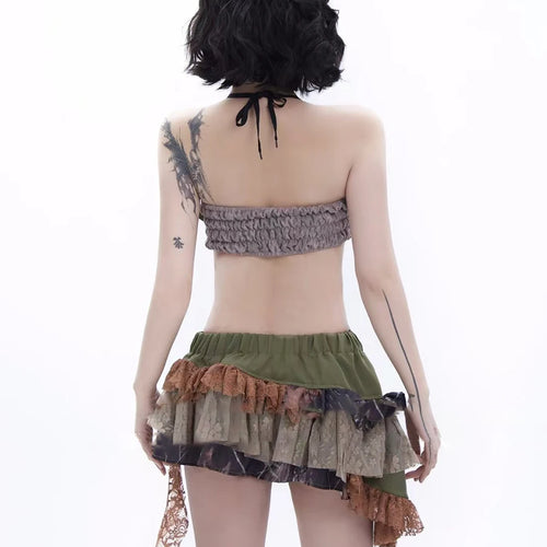 Load image into Gallery viewer, Hit Color Two Piece Set For Women Halter Sleeveless Top High Waist Temperament Mini Skirts Female Fashion Style New
