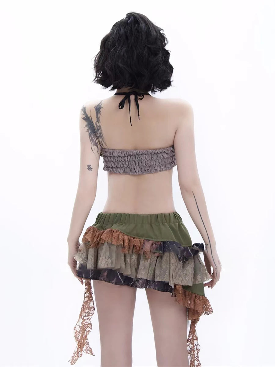 Hit Color Two Piece Set For Women Halter Sleeveless Top High Waist Temperament Mini Skirts Female Fashion Style New