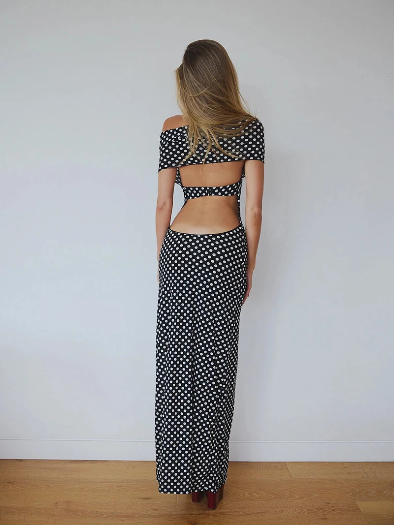 Off-shoulder Polka Dot Maxi Dress For Women Gown Fashion Halter Sleeveless Backless bodycon Split Long Dress Elegant