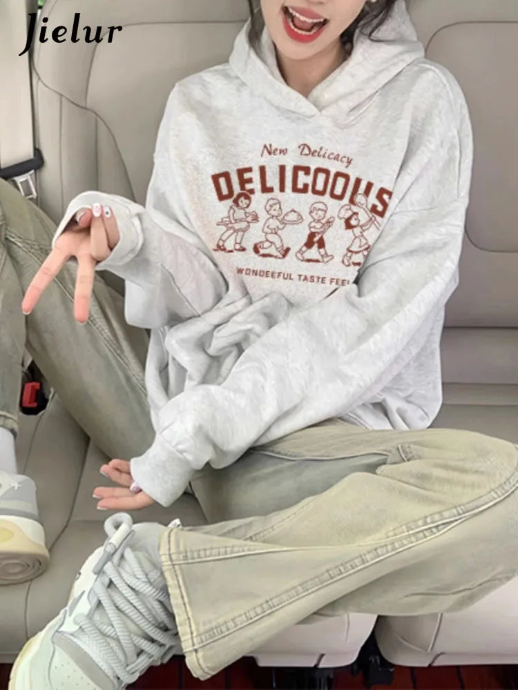 Casual Hooded Drawstring Chic Pocket Women Hoodies Winter Letter Printing Simple Loose Fashion Solid Color Female Hoodies