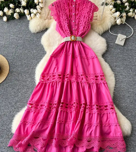 Retro French 2024 New Summer Women Solid Elegant Hollowed Out Sleeveless Long Dress Sweet Lace Patchwork Single Breasted Dresses