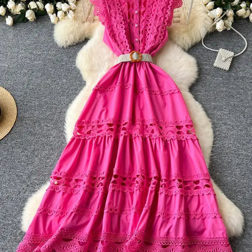 Load image into Gallery viewer, Retro French 2024 New Summer Women Solid Elegant Hollowed Out Sleeveless Long Dress Sweet Lace Patchwork Single Breasted Dresses
