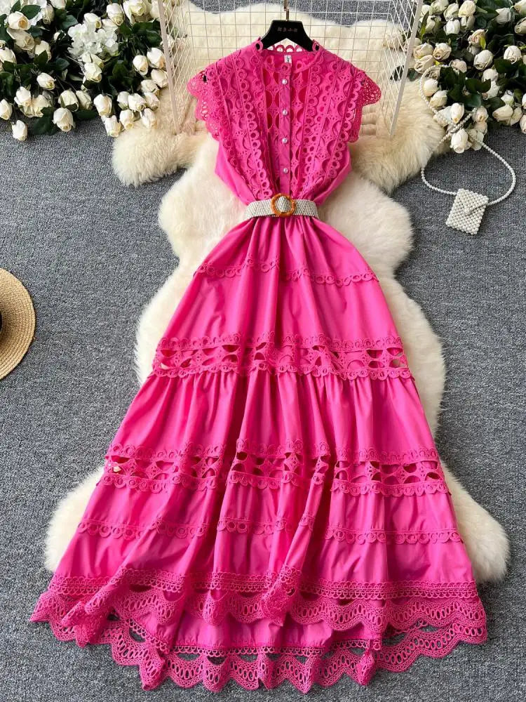 Retro French 2024 New Summer Women Solid Elegant Hollowed Out Sleeveless Long Dress Sweet Lace Patchwork Single Breasted Dresses