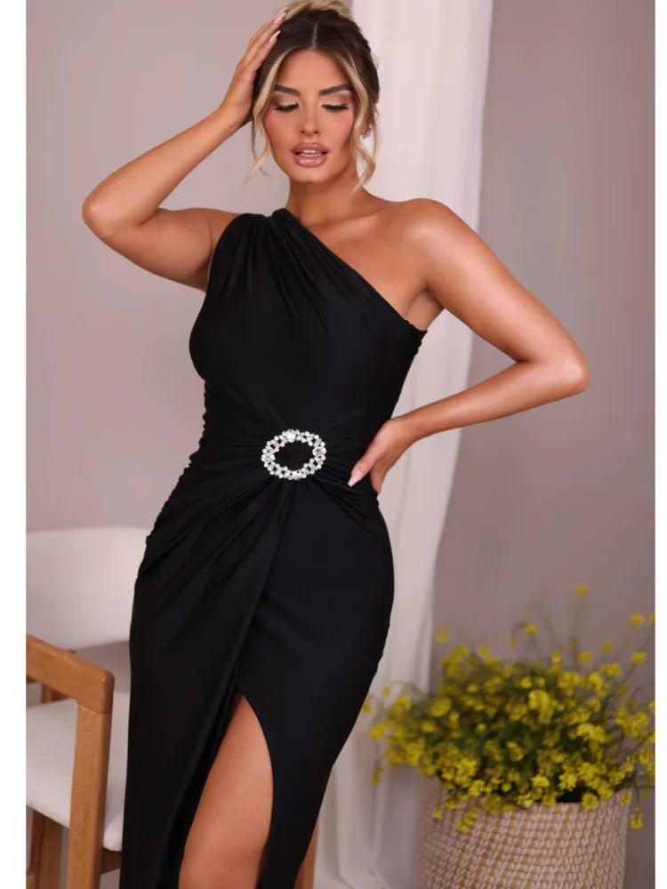 Elegant Diagonal High Split Pleated Evening Dress For Women Elastic Tight Sexy Maxi Female Party Summer 2024 New Vesidos