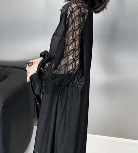 Women Black Denim Lace Perspective Big Size Shirt Dress New Lapel Long Sleeve Fashion Tide Spring Autumn 2025 1DH702001