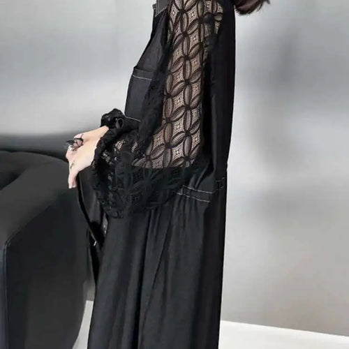 Load image into Gallery viewer, Women Black Denim Lace Perspective Big Size Shirt Dress New Lapel Long Sleeve Fashion Tide Spring Autumn 2025 1DH702001
