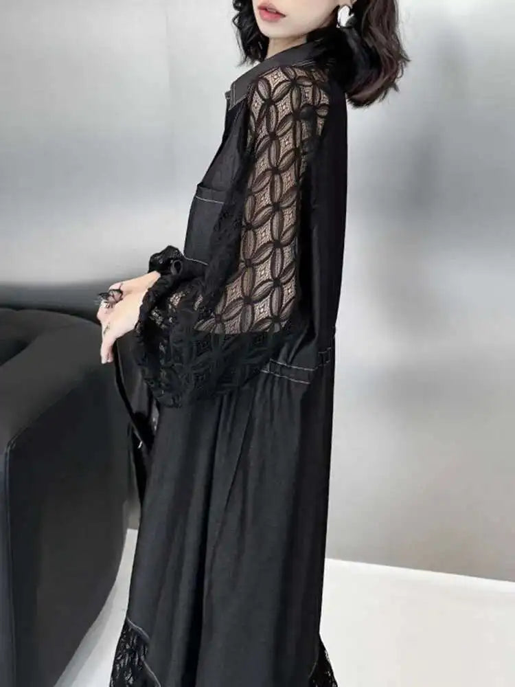Women Black Denim Lace Perspective Big Size Shirt Dress New Lapel Long Sleeve Fashion Tide Spring Autumn 2025 1DH702001