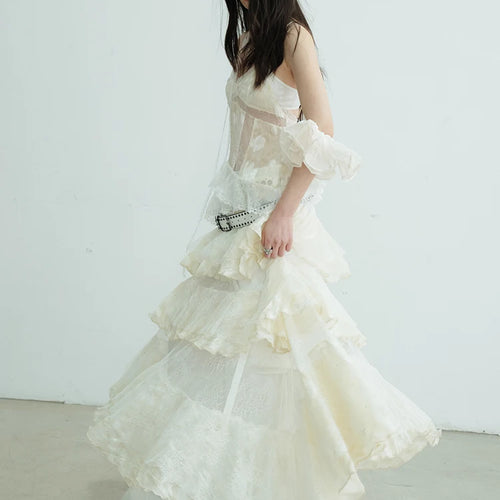 Load image into Gallery viewer, Women Beige Lace Perspective Long Spaghetti Strap Dress New V-Neck Sleeveless Fashion Tide Spring Autumn 2025 1DJ0684
