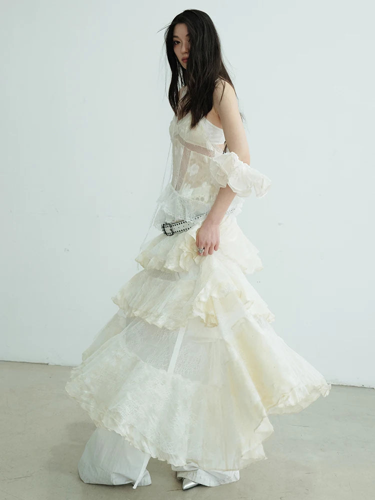 Women Beige Lace Perspective Long Spaghetti Strap Dress New V-Neck Sleeveless Fashion Tide Spring Autumn 2025 1DJ0684