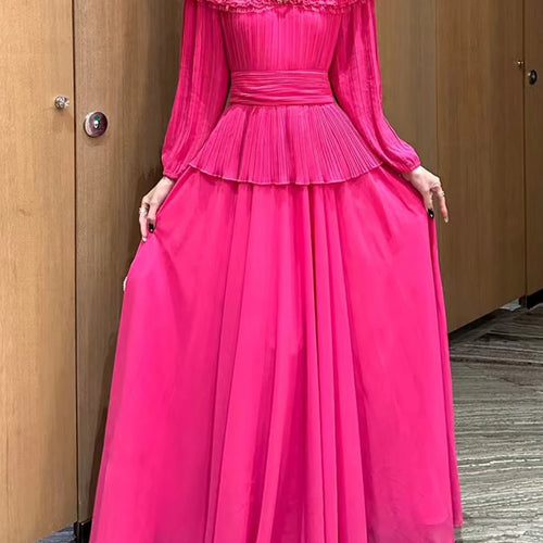 Load image into Gallery viewer, Solid Spliced Ruffles Loose Dresses For Women O Neck Long Sleeve High Waist Temperament Long Dress Female Fashion
