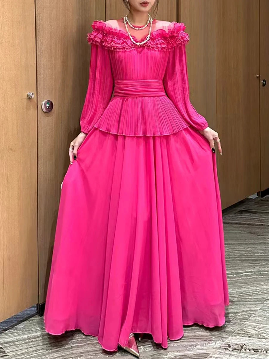 Solid Spliced Ruffles Loose Dresses For Women O Neck Long Sleeve High Waist Temperament Long Dress Female Fashion