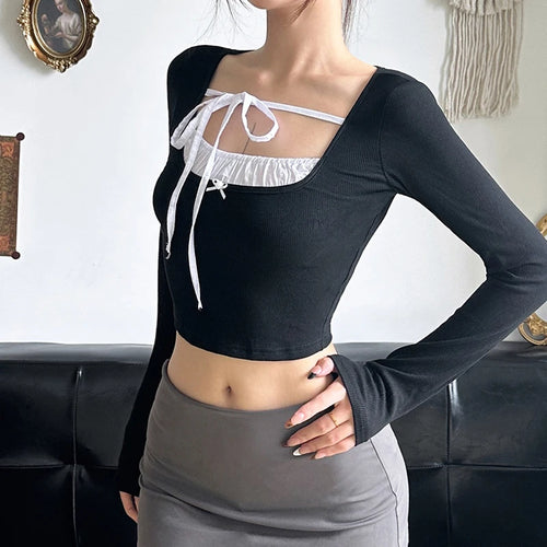 Load image into Gallery viewer, Fairycore Crop Tops y2k Clothes Women Square Neck Bow Tie Slim Fit Long Sleeve T Shirts Coquette Clothing Streetwear
