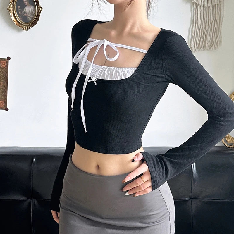 Fairycore Crop Tops y2k Clothes Women Square Neck Bow Tie Slim Fit Long Sleeve T Shirts Coquette Clothing Streetwear