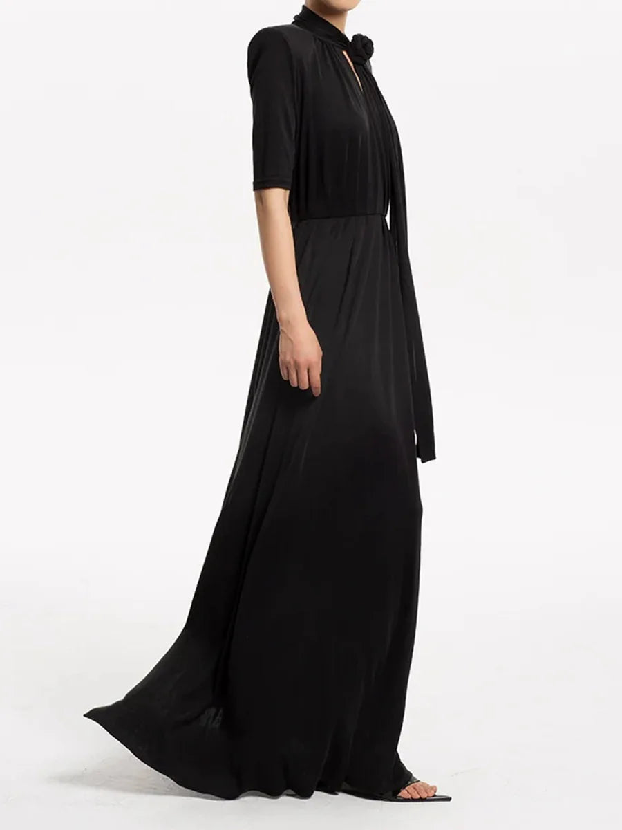 Solid Hollow Out Loose Dresses For Women O Neck Short Sleeve High Waist  Temperament Long Dress Female Fashion New