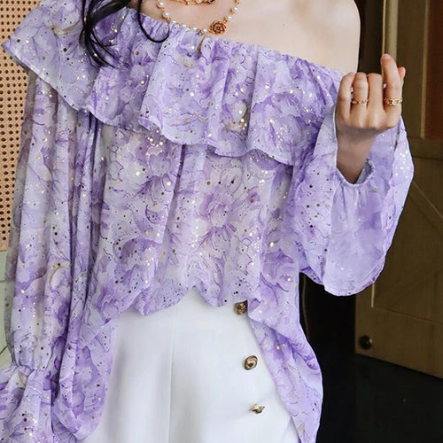 Load image into Gallery viewer, Patchwork Ruffles Shirts For Women Slash Neck Lantern Sleeve Loose Elegant Pullover Blouse Female Fashion Clothing
