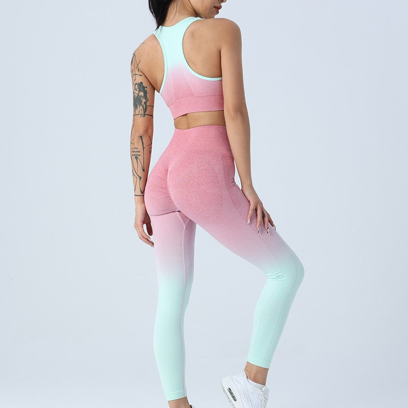Gradient Color Yoga Sets High Waist Gym Fitness Bras Scrunch Butt Leggings Female Wear Running Clothing Tracksuit Sportswear