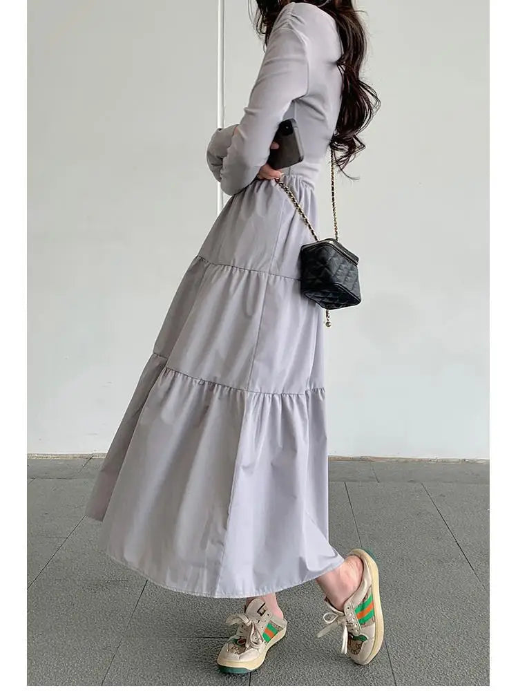 Autumn Gray Elegant High Waist Evening Party Dresses Women Long Sleeve Off Shoulder Sexy Club Pleated Long Dress French Popular