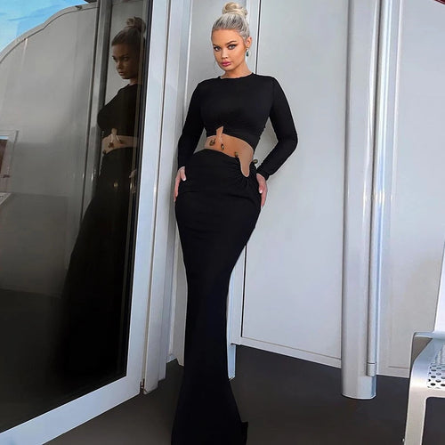 Load image into Gallery viewer, Autumn Winter Skirt Two Pieces Sets Women Sexy Long Sleeve Crop Tops And Elegant Maxi Skirt Sets Ladies Holiday Sets
