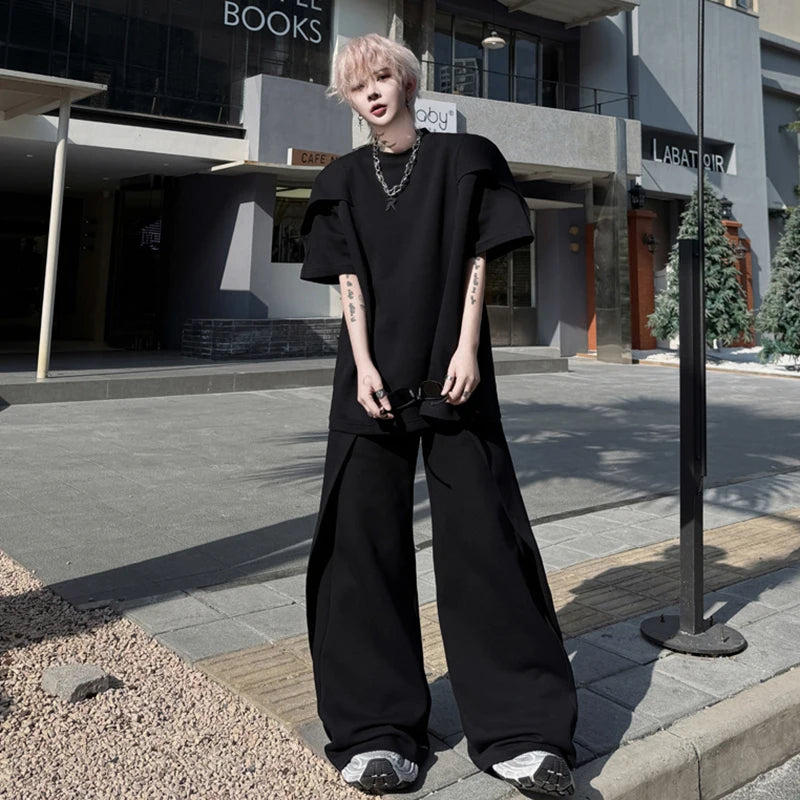 Men's Pants Set New  Summer Solid Color Splicing Short Sleeve Sweatshirt Straight Leg Trendy  Casual Pants Menwear 9W1797