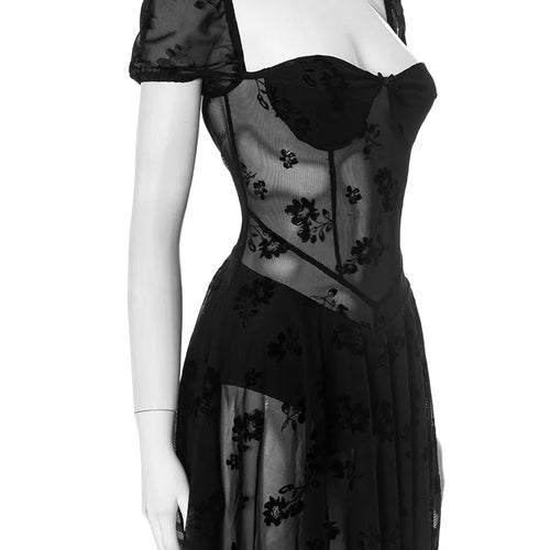 Load image into Gallery viewer, See Through Lace Sexy Mini Dress Women Patchwork Short Sleeve Square Collar Backless High Waist Pleated Club Dress
