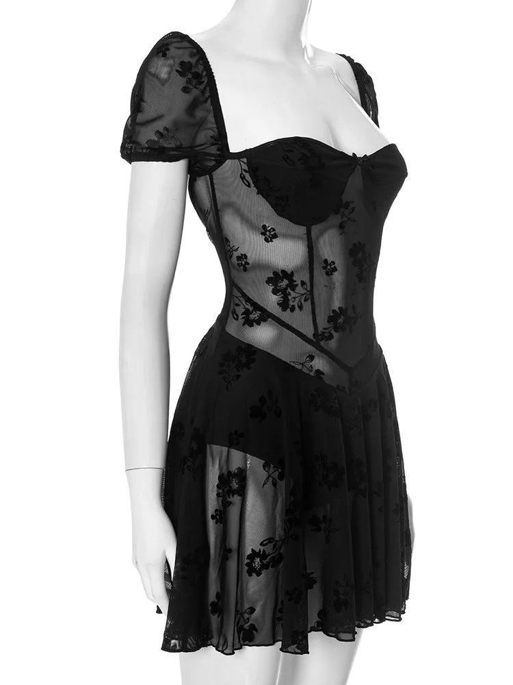 See Through Lace Sexy Mini Dress Women Patchwork Short Sleeve Square Collar Backless High Waist Pleated Club Dress