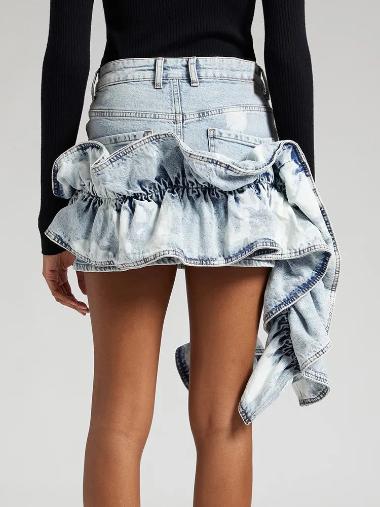 Patchwork Ruffles Asymmetrical Denim Skirts For Women High Waist Spliced Pockets Streetwear Slimming Bodycon Skirt Female