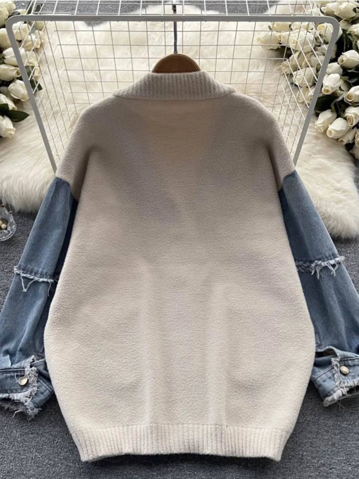 Korean Vintage Beige Patchwork Denim Single Breasted Knit Cardigan Sweater Autumn Winter Women New V Neck Long Sleeve Tops Trend