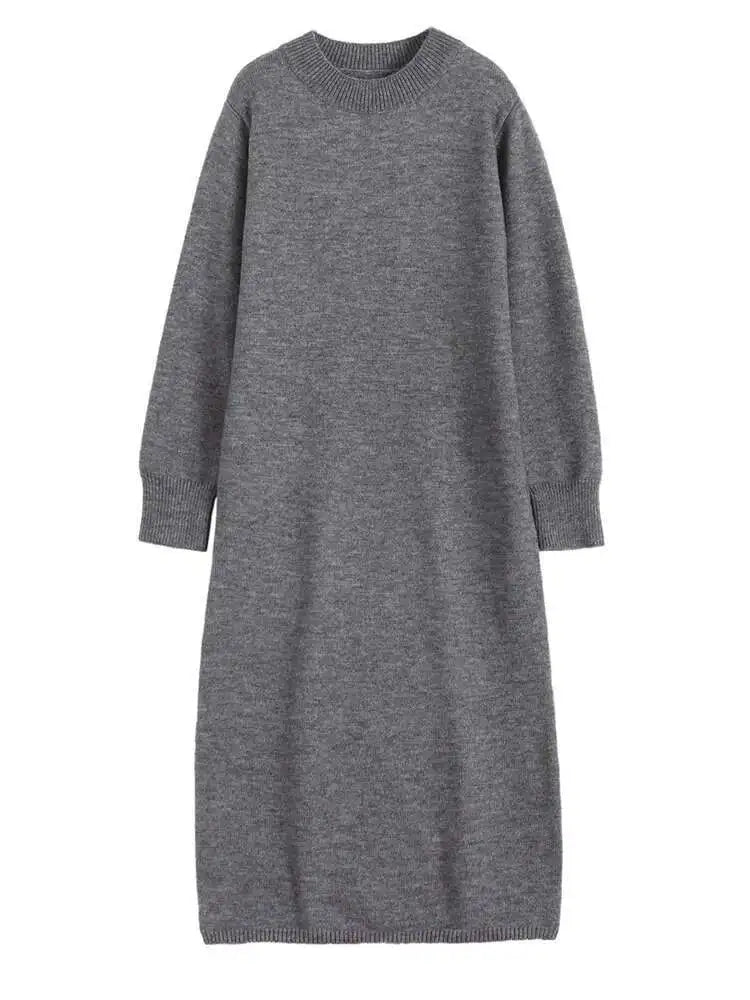 Women Rose Red Casual Midi Elegant Knitting Dress New Round Neck Long Sleeve Fashion Tide Spring Autumn 2025 1DH6450