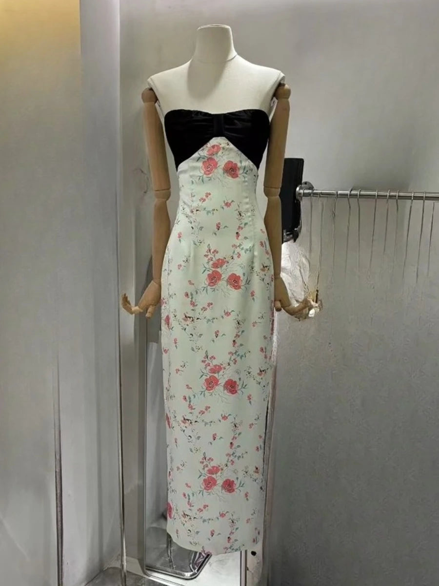 Hit Color Printing Spliced Bowknot Dresses for Women Strapless Sleeveless Sexy Dress Female Fashion Clothing New