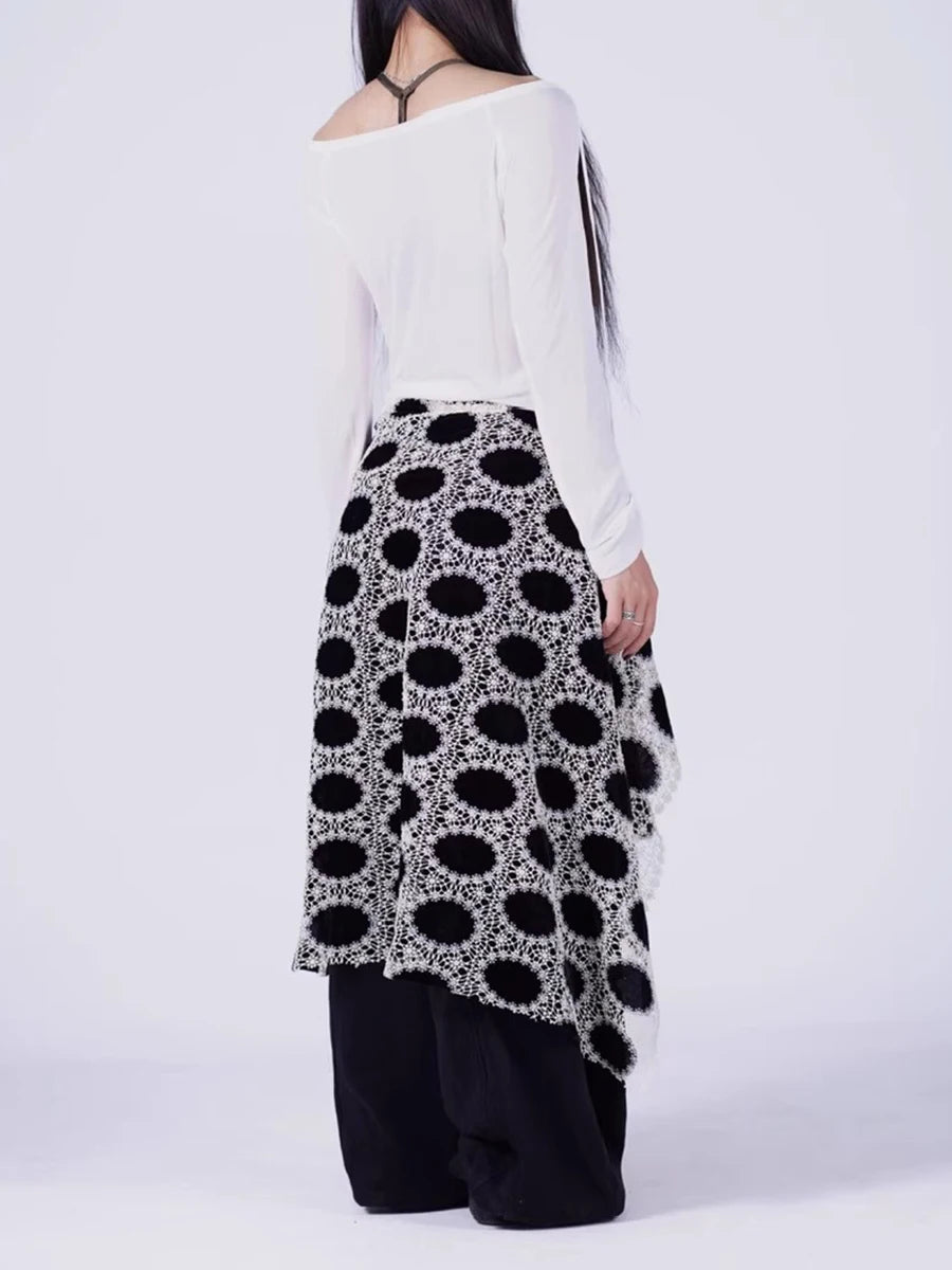 Hit Color Hollow Out Spliced Lace Up Fashion Fart Curtains for Women High Waist Irregular Fart Curtain Female New