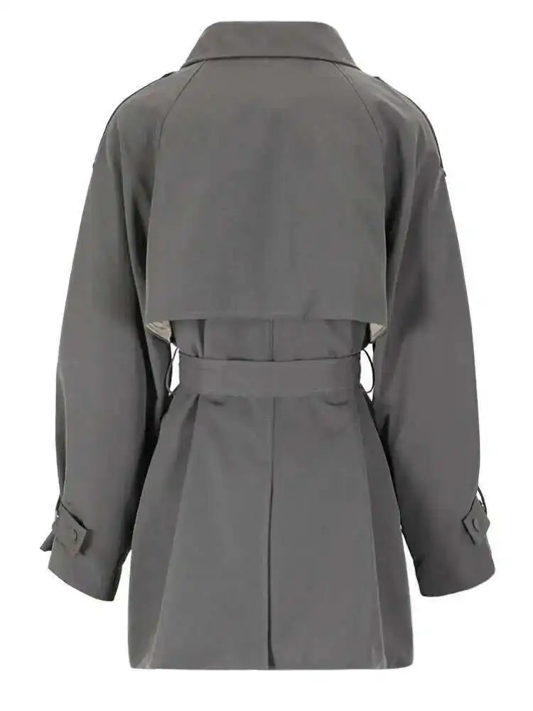 Women Gray Belted Big Size Trench New Lapel Long Sleeve Loose Fit Windbreaker Fashion Tide Spring Autumn 2025 CPG0586