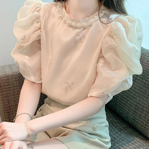 Load image into Gallery viewer, Pearl O-neck Apricot Embroidery Female Blouses Summer Puff Sleeve Elegant Women&#39;s Blouse French Style Chic Office Ladies
