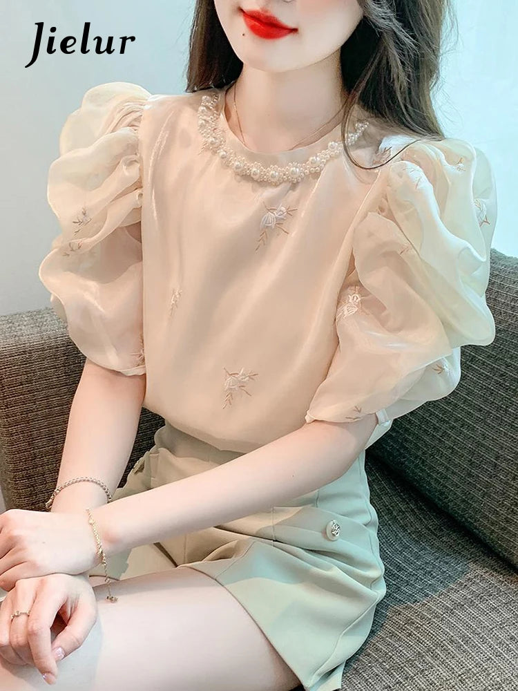 Pearl O-neck Apricot Embroidery Female Blouses Summer Puff Sleeve Elegant Women's Blouse French Style Chic Office Ladies