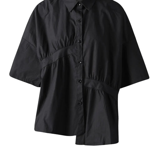 Load image into Gallery viewer, Women Black Irregular Pleated Big Size Casual Blouse New Lapel Short Sleeve Shirt Fashion Tide Spring Summer 2025 CPG3167
