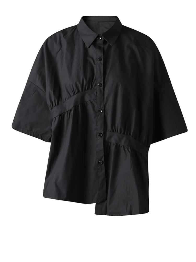 Women Black Irregular Pleated Big Size Casual Blouse New Lapel Short Sleeve Shirt Fashion Tide Spring Summer 2025 CPG3167