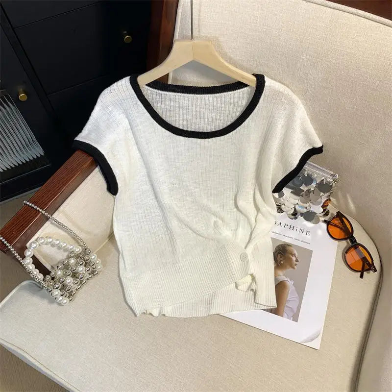 Women Summer Round Neck Patchwork Short Sleeves Knit T-shirt Fashion Festival Casual Ladies Street Button Design Top Popular New