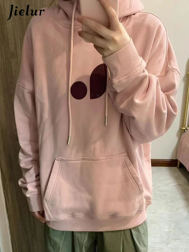 Pink Casual Hooded Drawstring Simple Women Hoodies Basic Chicly Printing Loose Fashion Pocket Pure Color Female Hoodies