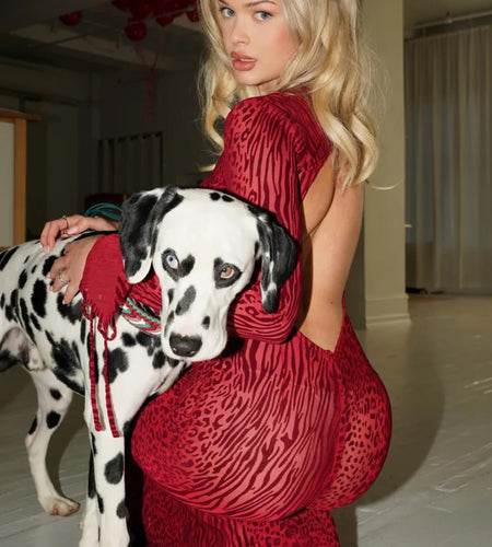 Fashion Long Sleeved Hollow Out Open Back Mesh Dress For Women Print Elegant Female New Slim Party Evening Dress 2024