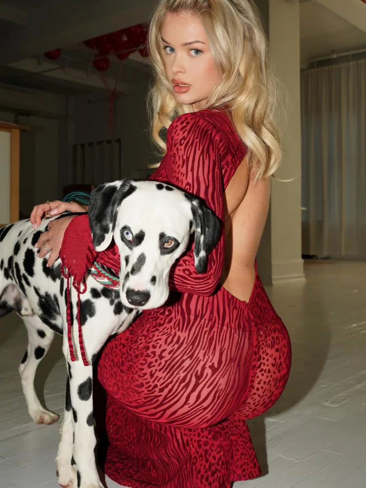 Fashion Long Sleeved Hollow Out Open Back Mesh Dress For Women Print Elegant Female New Slim Party Evening Dress 2024