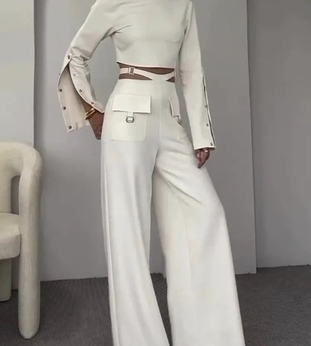 Fashion Button Long Pants Women Set New Stand Up Neck Long Sleeved Set Spicy Girl Strap Casual Set Street Two Piece Set