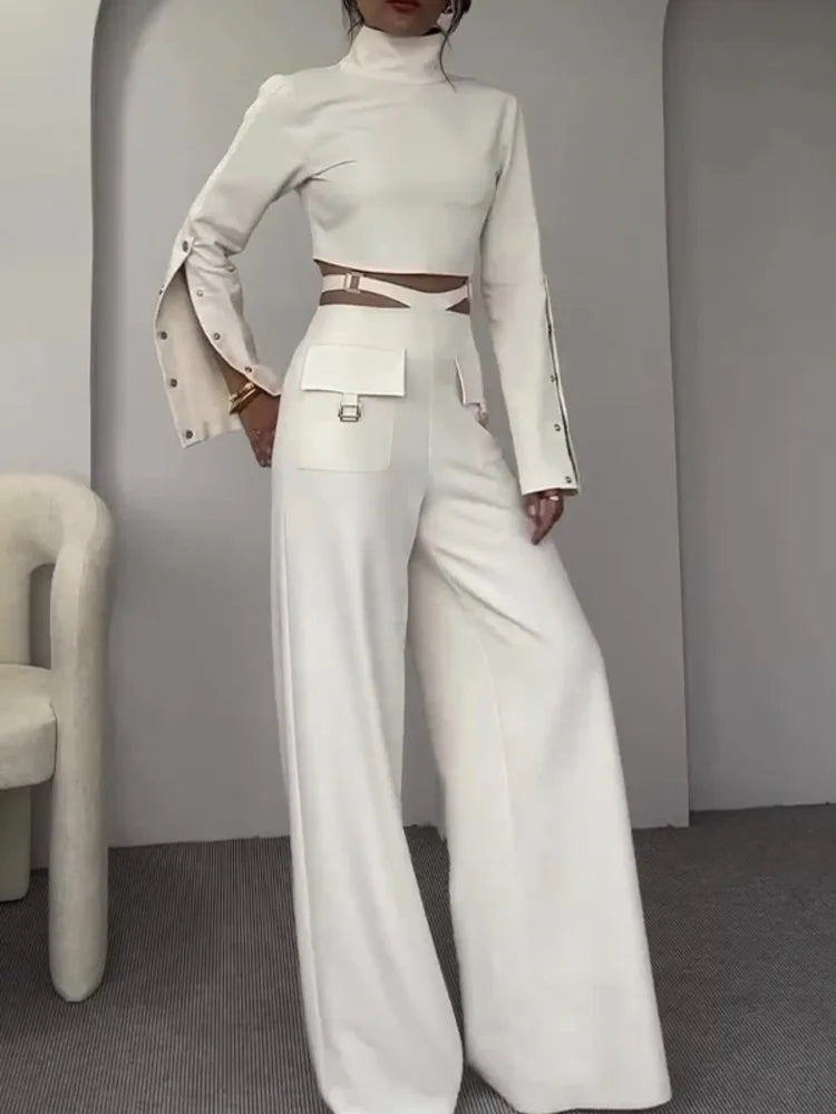 Fashion Button Long Pants Women Set New Stand Up Neck Long Sleeved Set Spicy Girl Strap Casual Set Street Two Piece Set