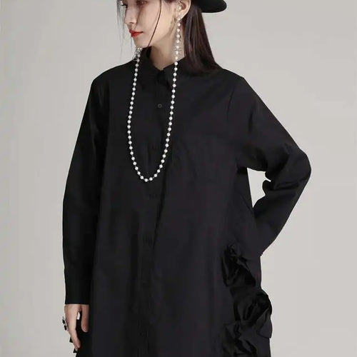 Load image into Gallery viewer, Women White Black Side Flower Big Size Long Blouse New Lapel Long Sleeve Shirt Fashion Tide Spring Autumn 2025 1DH4780
