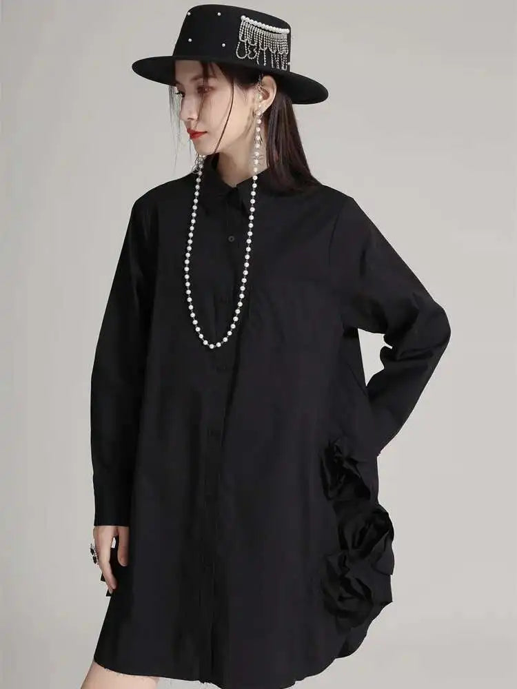 Women White Black Side Flower Big Size Long Blouse New Lapel Long Sleeve Shirt Fashion Tide Spring Autumn 2025 1DH4780