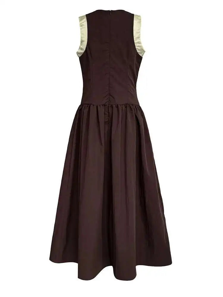 Women Coffee Color-block Elegant Long Vest Dress New Round Neck Sleeveless Fashion Tide Spring Summer 2025 1DJ0743