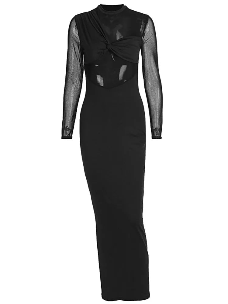 Elegant Mesh Patchwork Bodycon Party Club Evening Dress For Women 2025 Spring New Long Sleeve Slimming Sheer Vestido