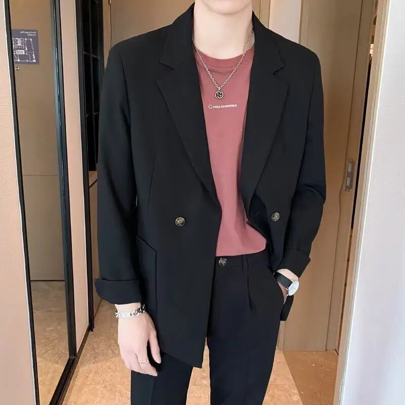 Korean Style New Trendy Male Blazer Turn-down Collar Solid Color Suit Jacket 2025 Spring Loose Fit Men Clothing 9W1203